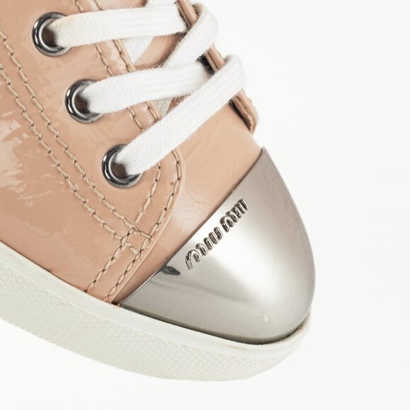 Miu Miu Nude Patent-Leather Cap-Toe Lace-Up Sneakers - Picture 7 of 12
